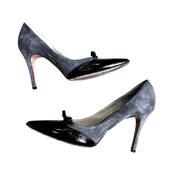 Butter brand US 8M pumps gray suede & black patent leather high heels classic - Picture 2 of 11